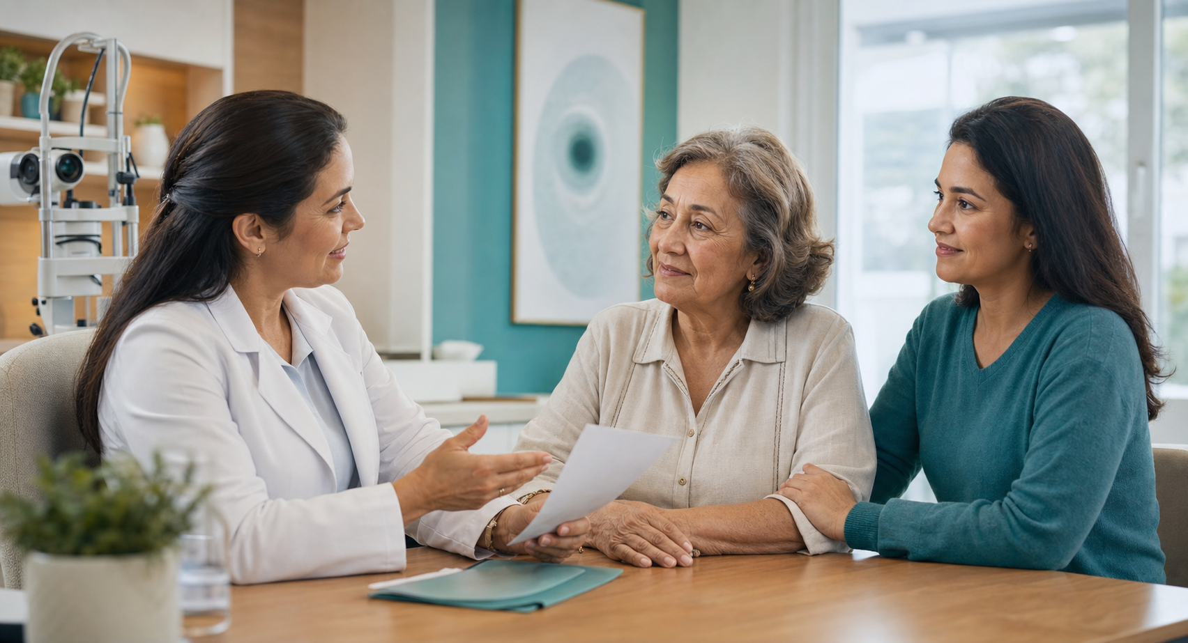 Medica conversando com paciente e familiar em consulta oftalmologica