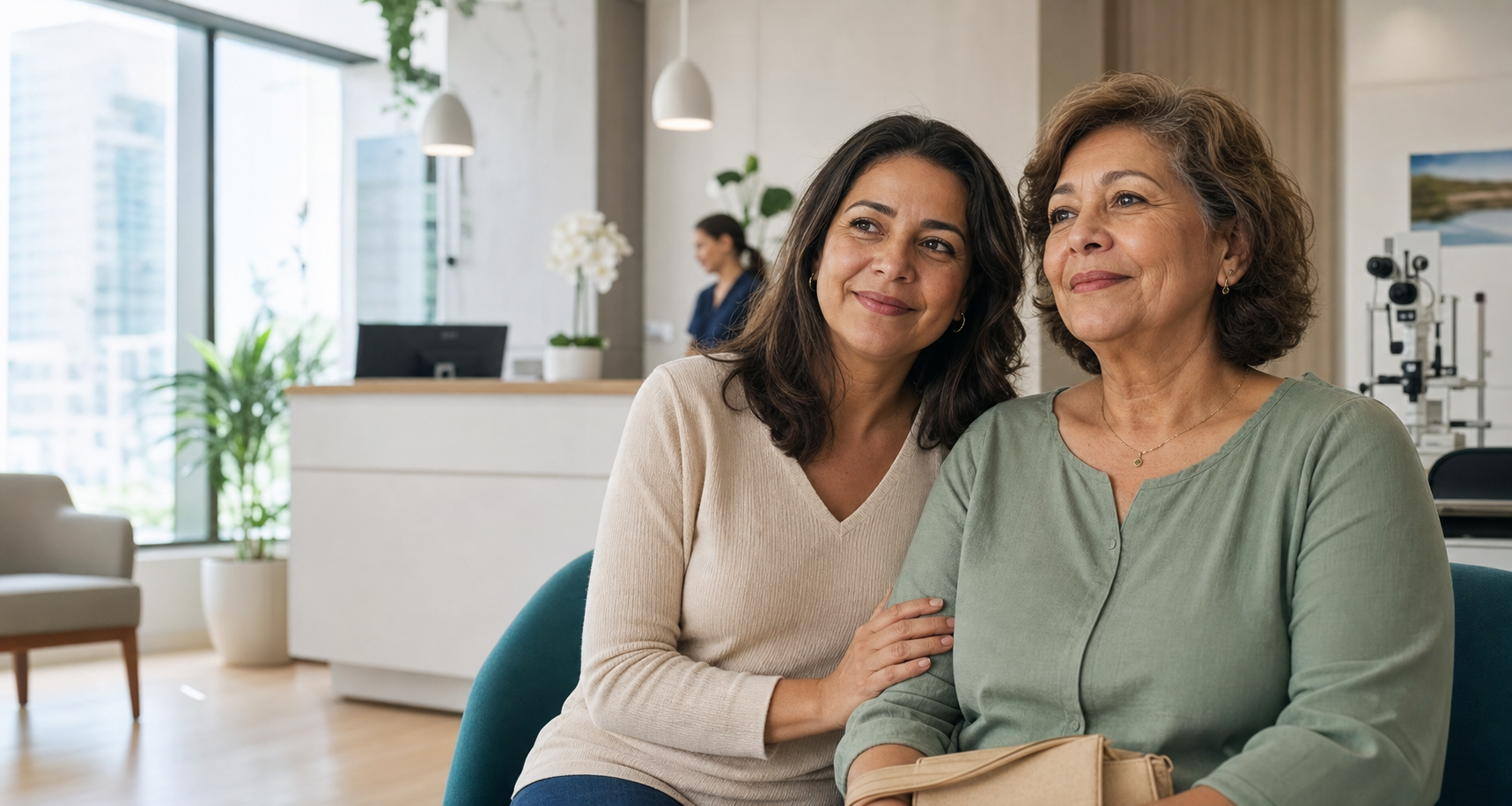 Paciente e familiar em ambiente de clinica oftalmologica aguardando atendimento com tranquilidade
