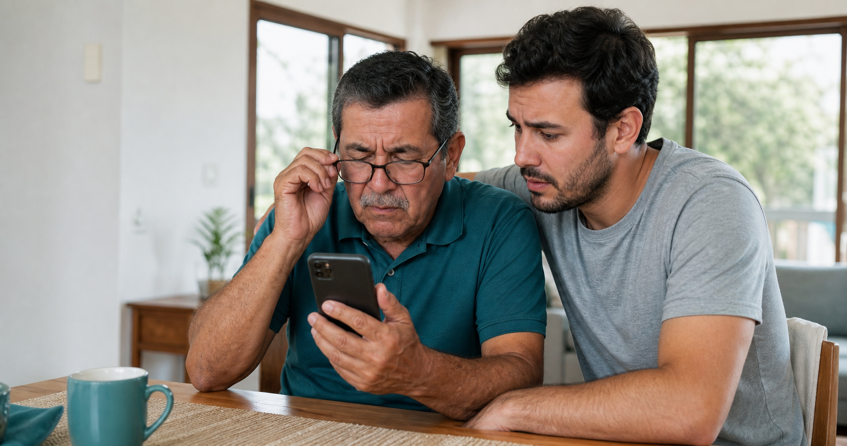 Homem mais velho tentando ler o celular enquanto um familiar observa com atencao